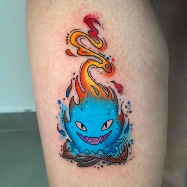 Blue firing Calcifer tattoo watercolor