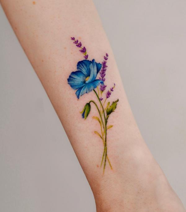 Blue poppy and lavender tattoo