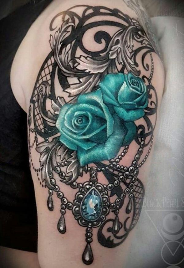 Blue rose and lace tattoo