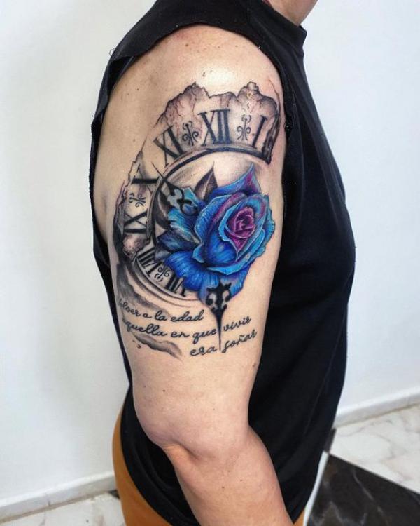 Blue rose encircled with clock