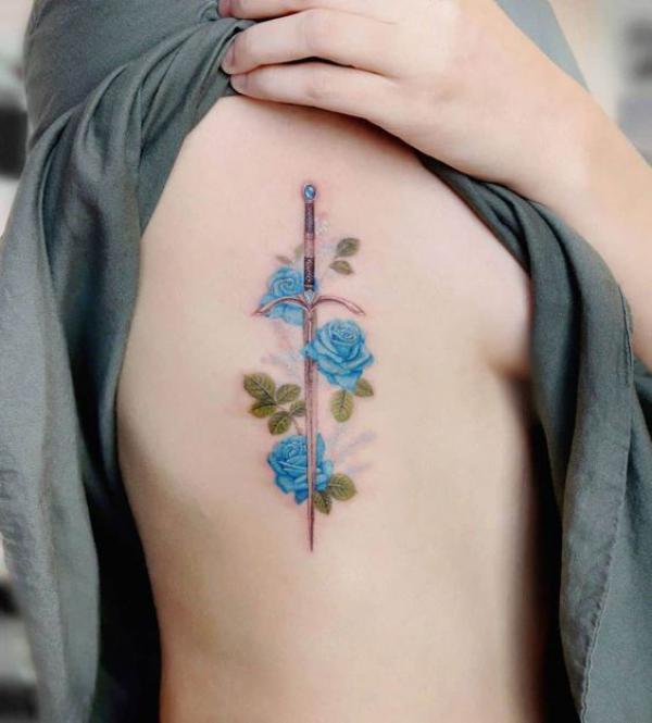 Blue roses and a dagger
