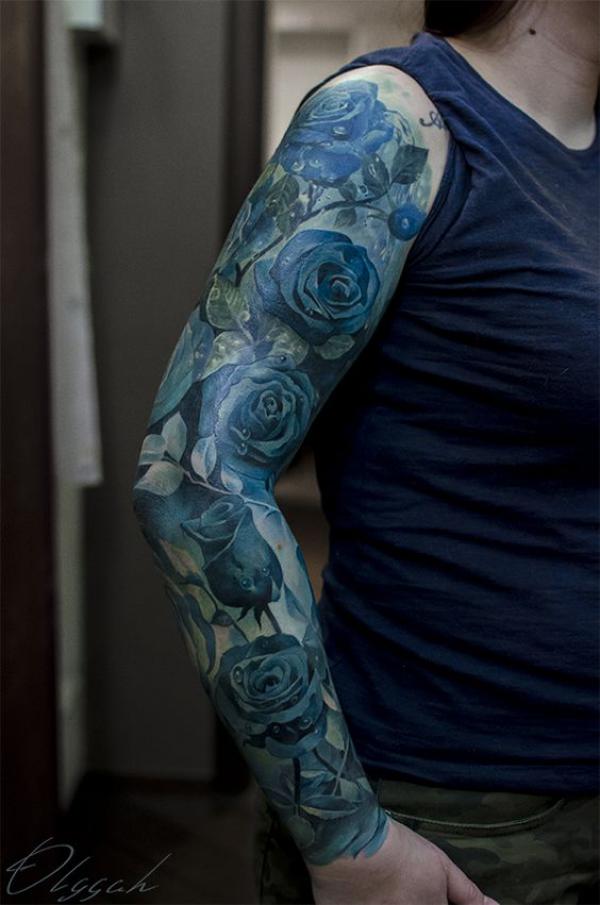 Blue roses full sleeve tattoo