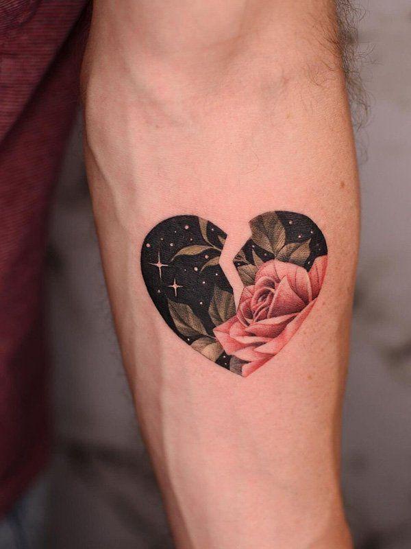 Broken heart with rose and stars tattoo