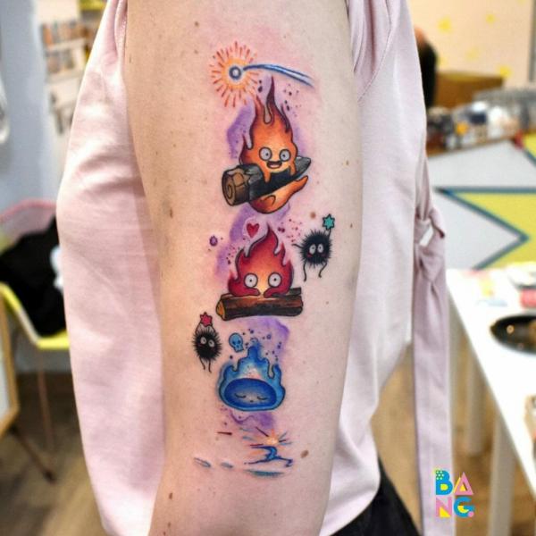 Calcifer and Soot Sprites half sleeve tattoo