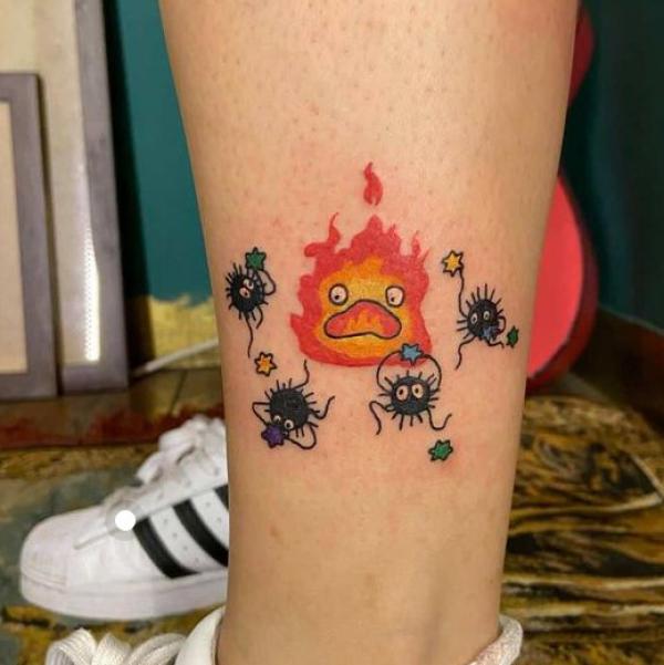 Calcifer and Susuwatari lower leg tattoo