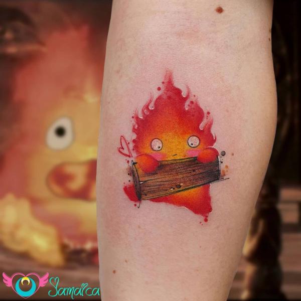 Calcifer below elbow tattoo