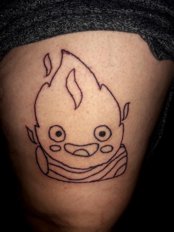 Calcifer outline thigh tattoo