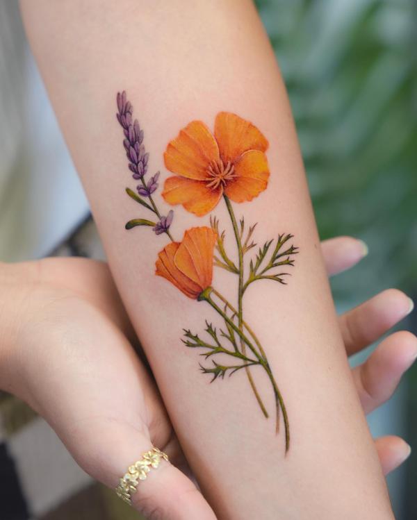 California poppy Tattoo and lavender tattoo