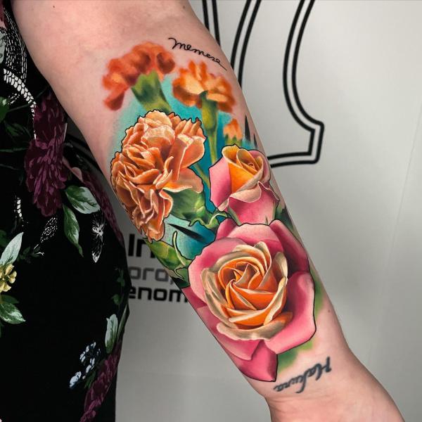 Carnation and rose tattoo
