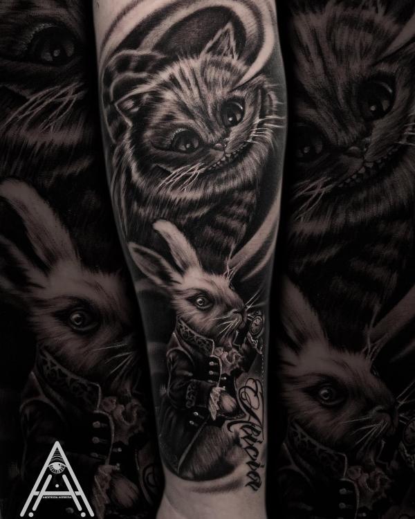 Cheshire Cat and white rabbit black work