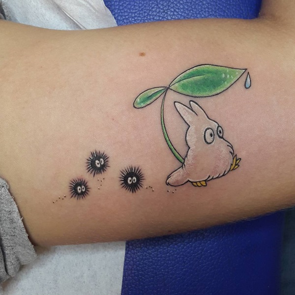 Chibi Totoro and Susuwatari with leaf tattoo