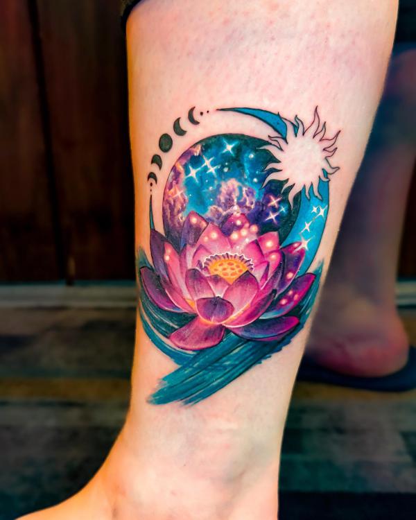 Colored Sun and moon with lotus tattoo