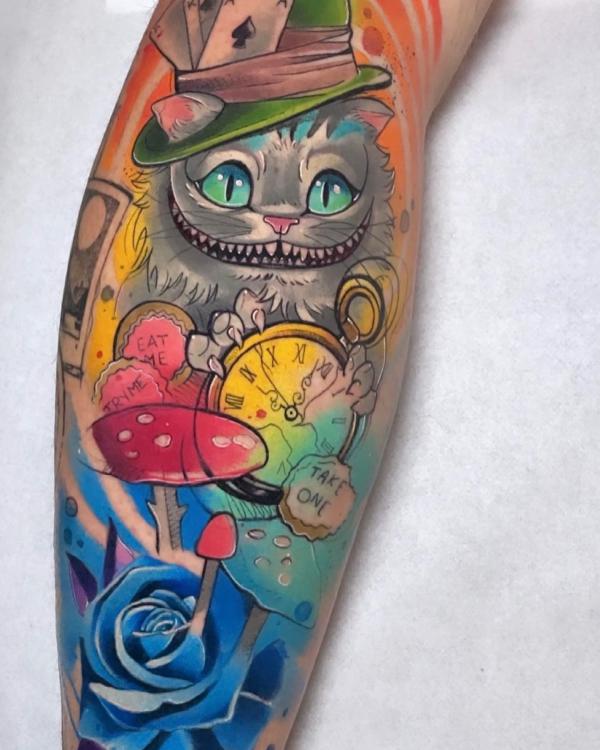 Colorful cheshire Cat with clock and mushroom