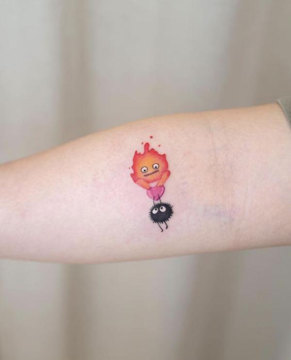 Cute Soot Sprite and Calcifer tattoo