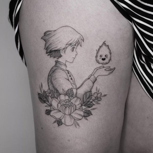 Dainty Sophie catching calcifer thigh tattoo