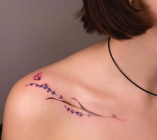 Dainty butterfly and lavender collarbone tattoo