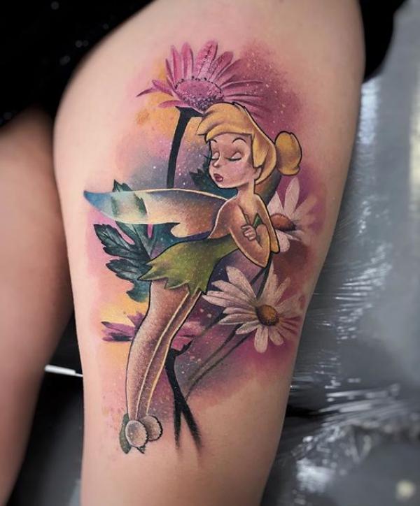 Daisy and Tinker bell thigh tattoo