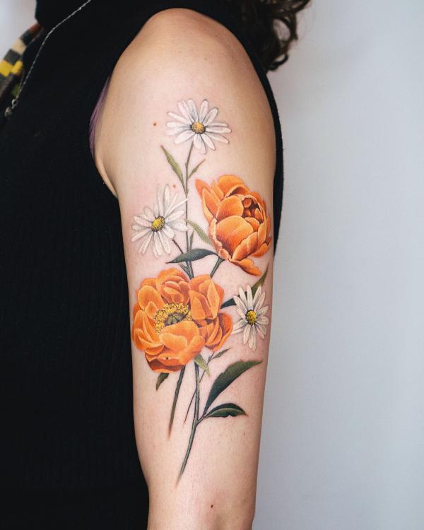 Daisy and peony tattoo
