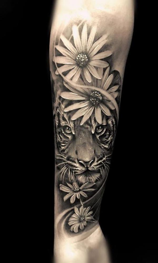 Daisy and tiger face tattoo for men