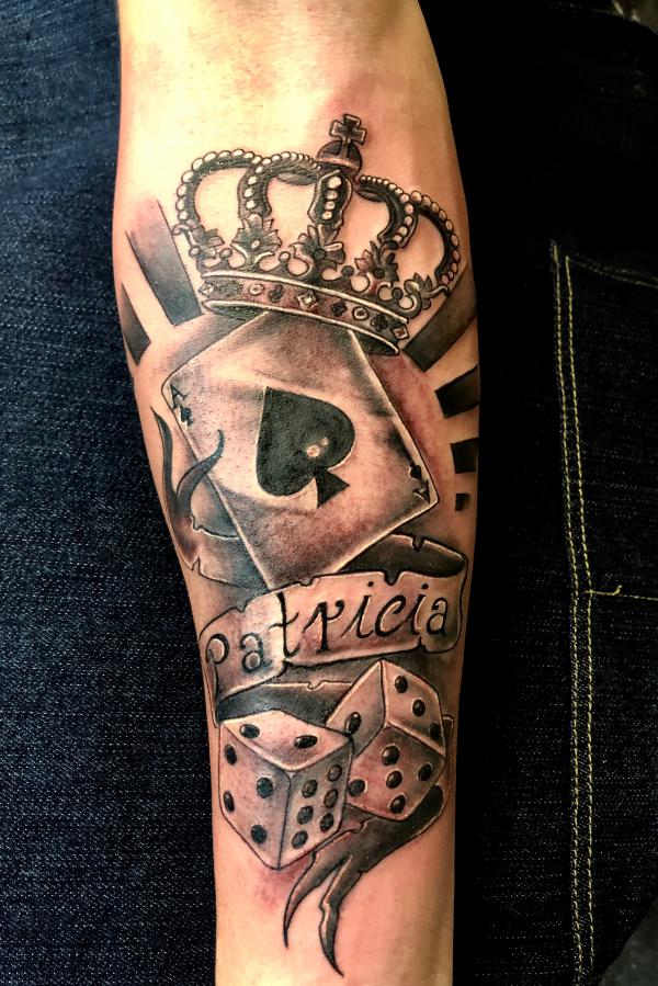 Dice and Ace of spades with crown tattoo