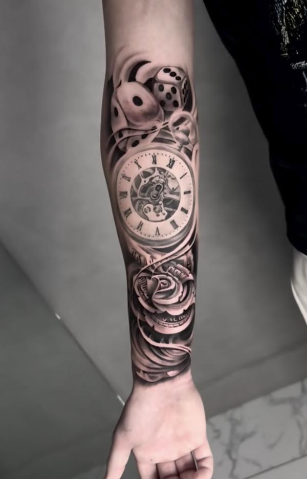 Dice clock and money rose tattoo