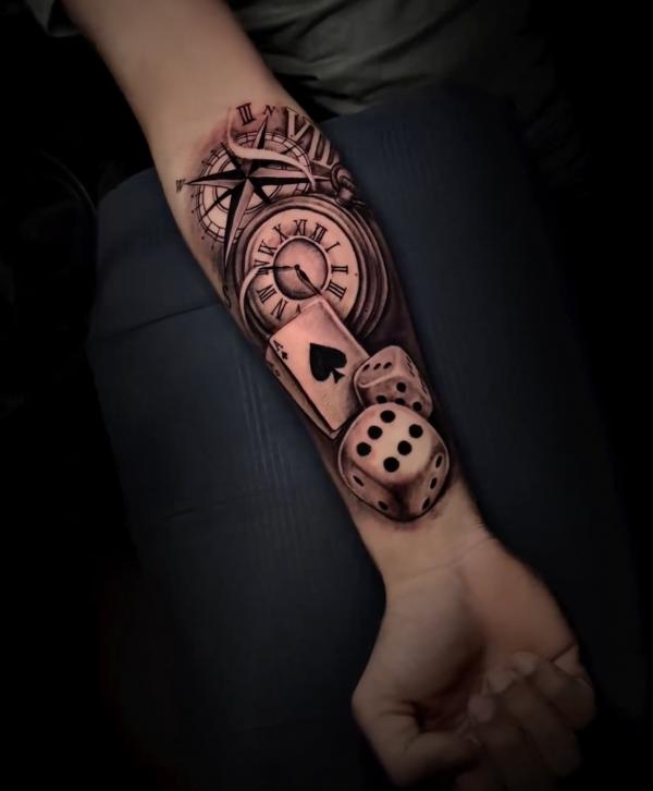 Dices cards clock and compass tattoo