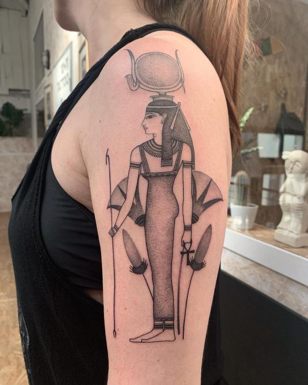 Egyptian goddess Hathor upper arm tattoo 1