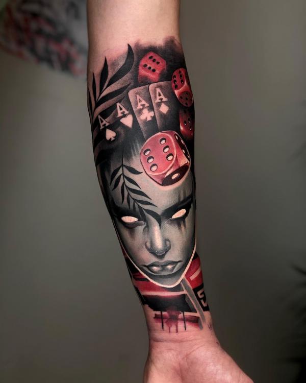 Female face with cards and dices tattoo