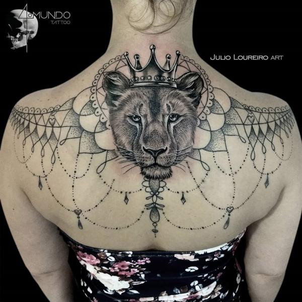 Feminine Lioness with crown back tattoo