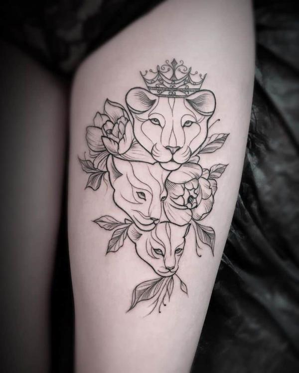 Fine line lioness and 2 cubs with flower tattoo