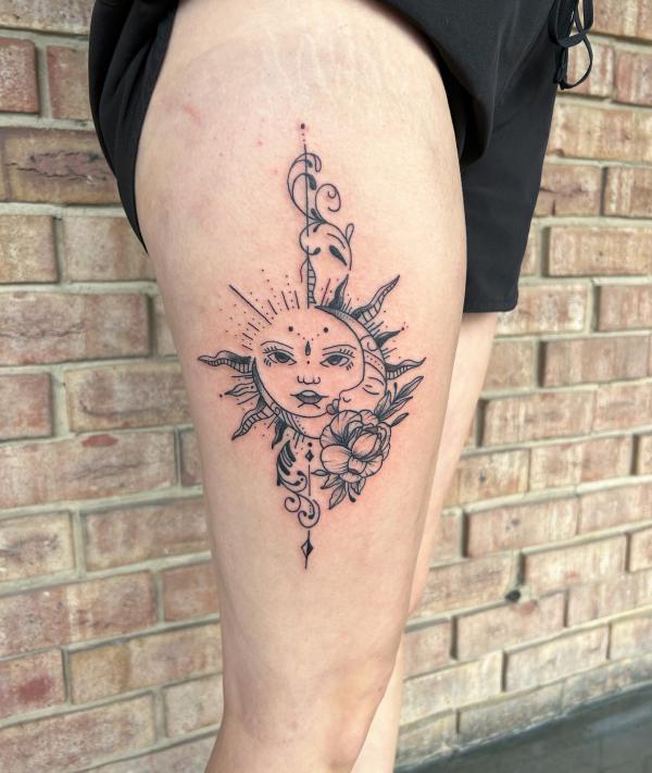 Fine line moon and sun with flower thigh tattoo