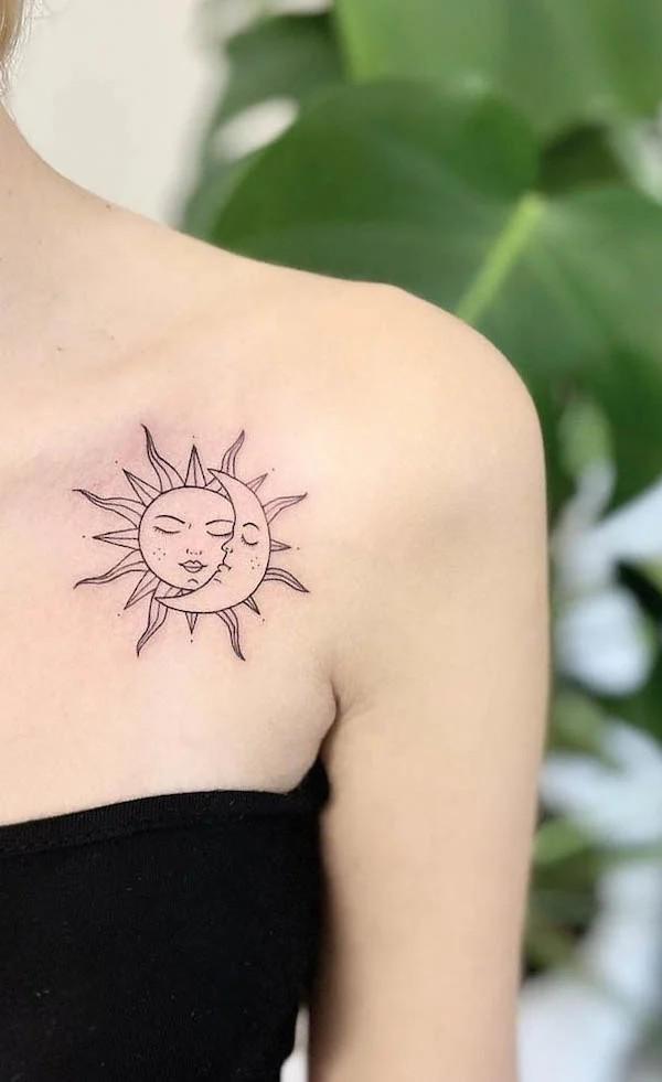 Fine line sun and moon clavical tattoo