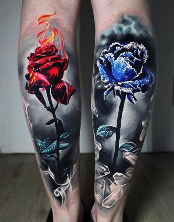Flaming red rose and frosty blue one