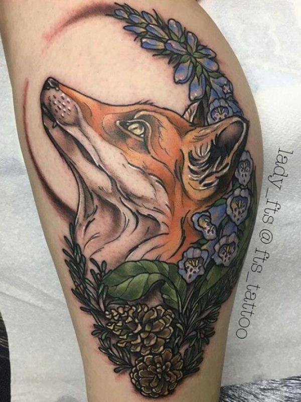 Fox head with foxglove and pinecone tattoo