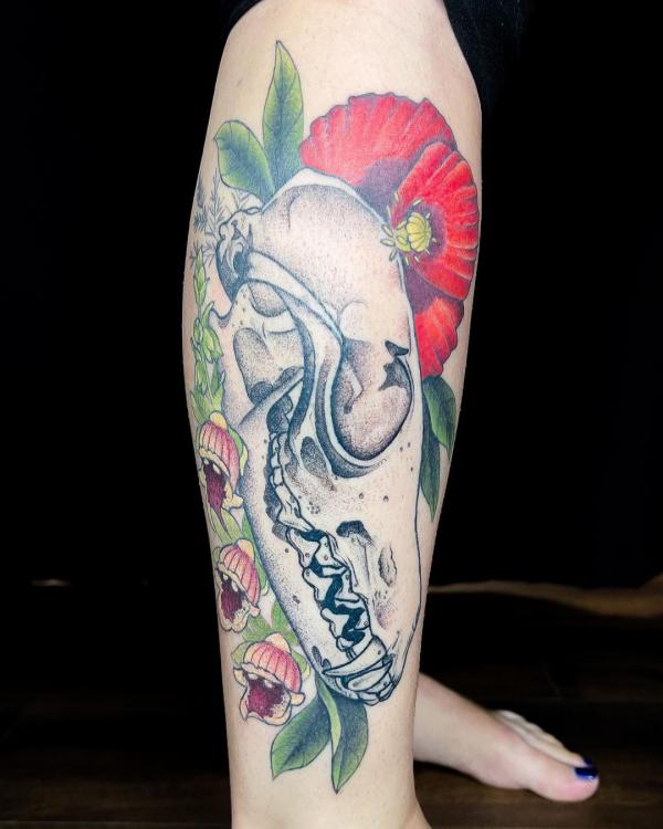 Fox skull with foxgloves and poppies tattoo