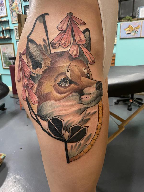Fox with foxglove tattoo
