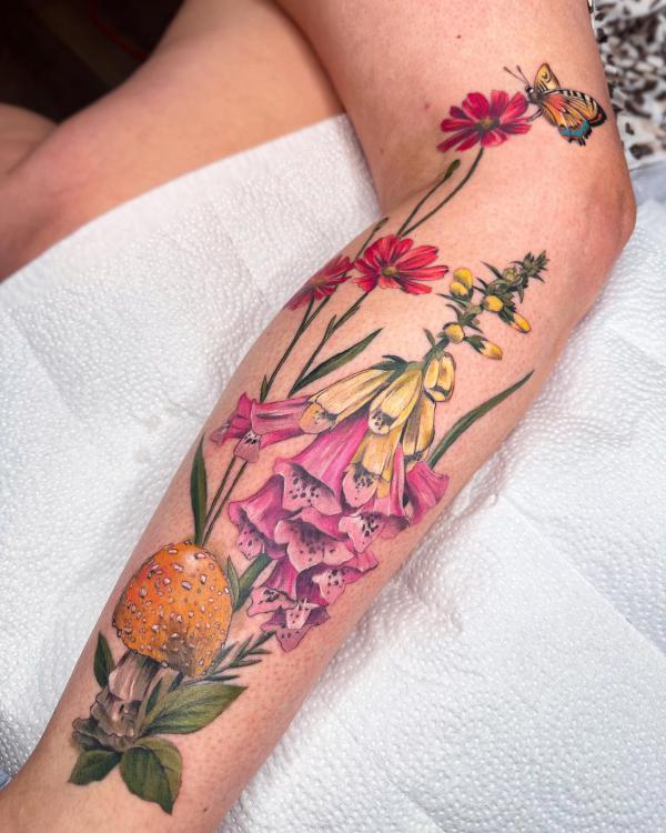 Foxglove and cosmos with butterfly tattoo