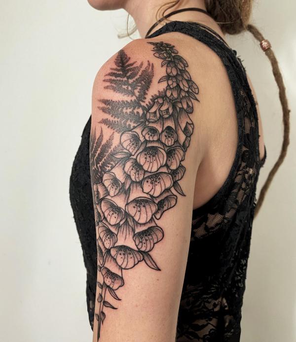 Foxglove and fern tattoo black and grey
