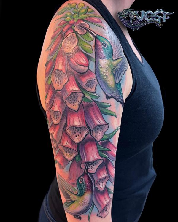 Foxglove and hummingbirds tattoo half sleeve