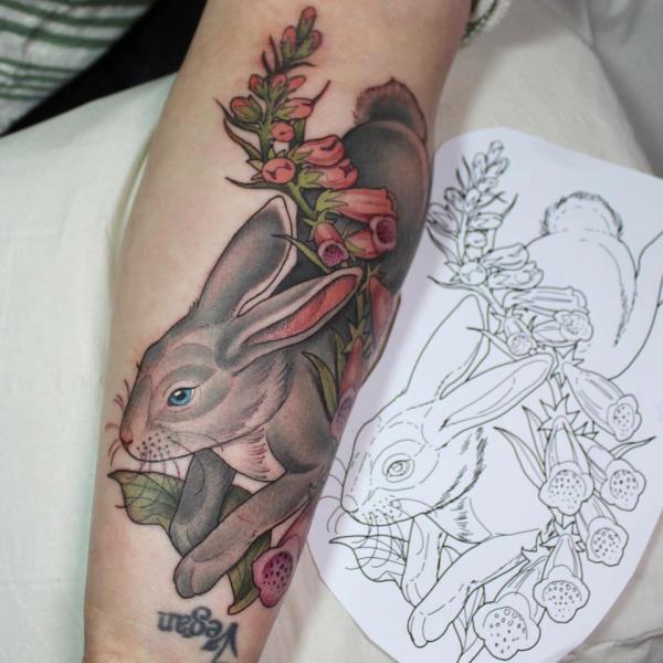 Foxglove and rabbit tattoo
