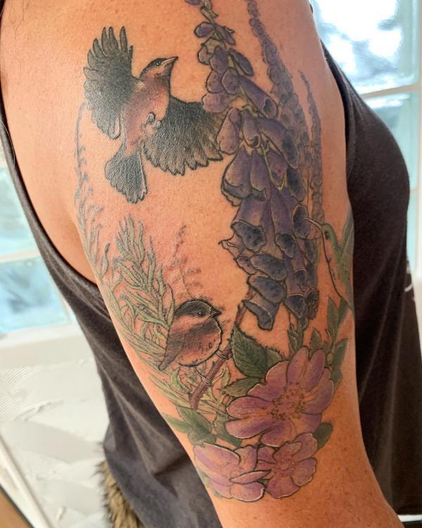 Foxglove cosmos with birds tattoo