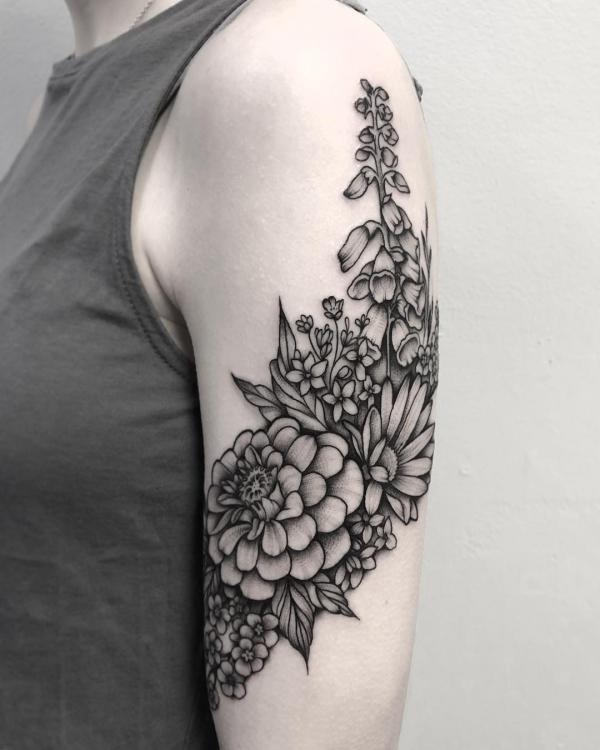 Foxglove daisy and zinnia tattoo black and grey