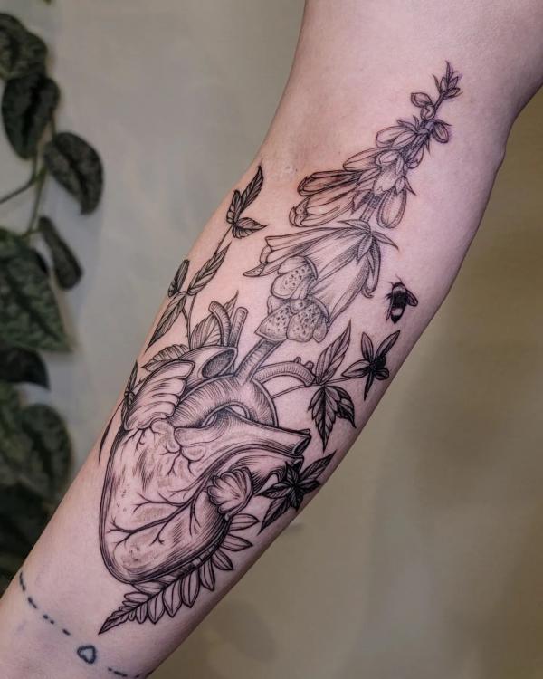 Foxglove with human heart tattoo