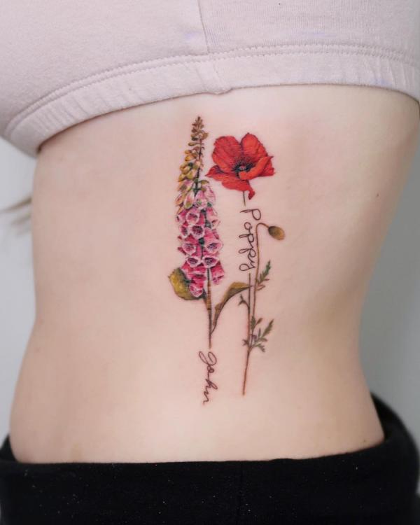 Foxgloves and poppy side tattoo