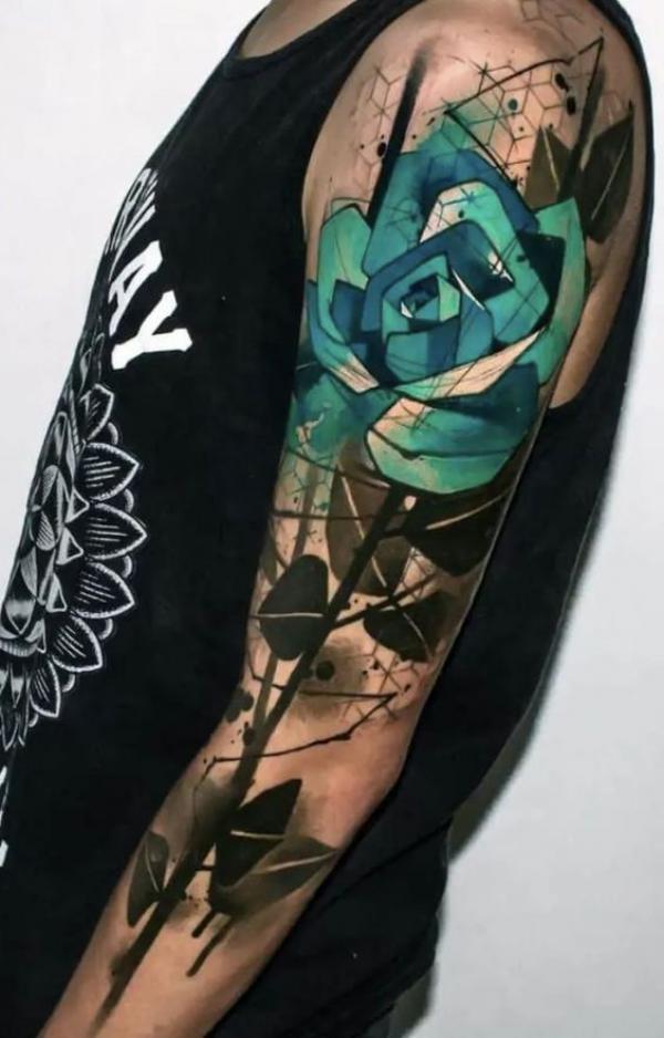 Geometric blue rose tattoo