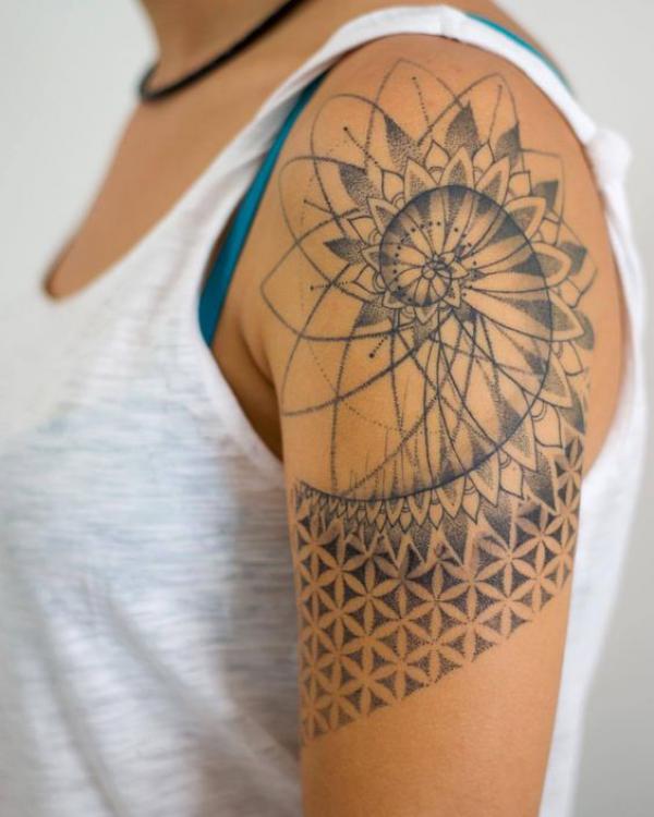 Geometric fibonacci sequence and flower of life upper arm tattoo