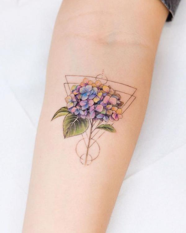 Geometric hydrangea tattoo