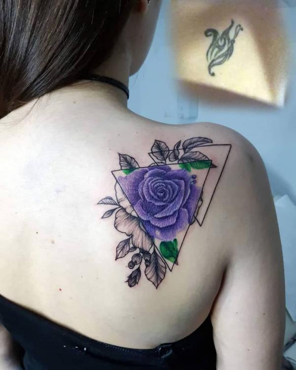 Geometric purple rose tattoo