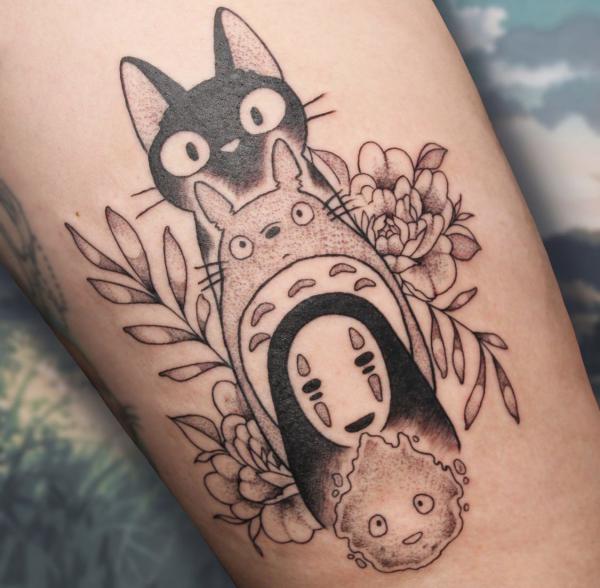 Ghibli Calcifer No Face Totoro jiji tattoo black and grey