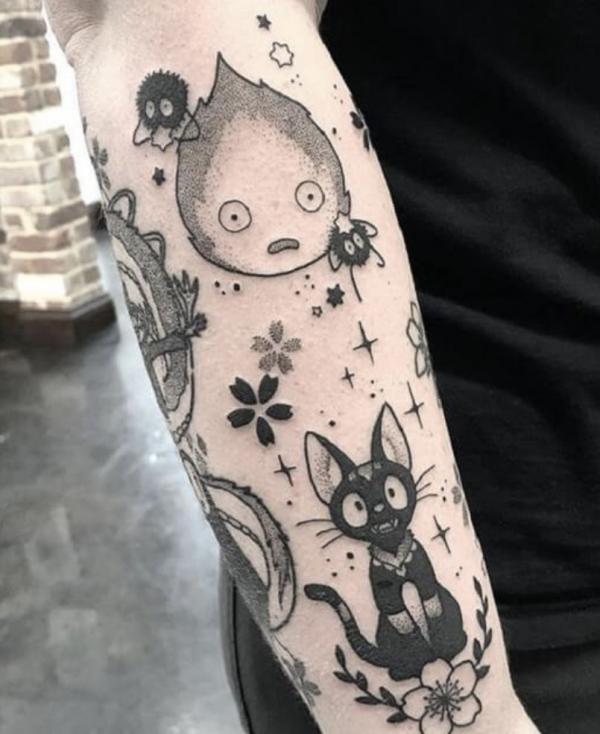 Ghibli Calcifer and jiji with Soot Sprites tattoo black and grey